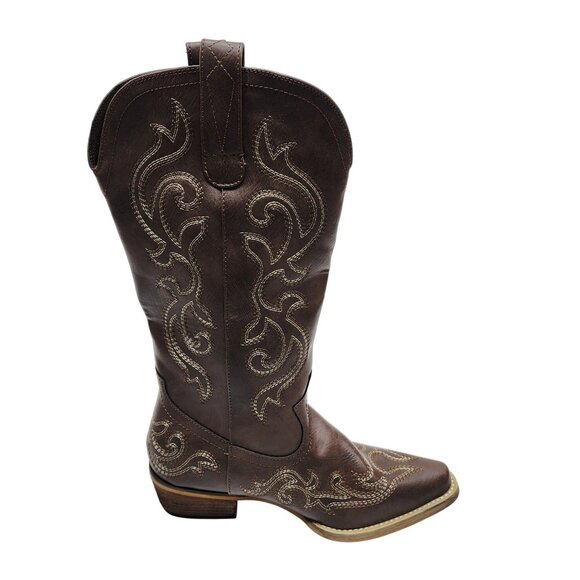 Western Cowboy Brown Leather Boots Womens 7.5 Rollda Embroidered Stacked Heel - Picture 7 of 12
